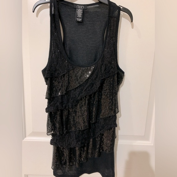 Large Black Tank with lace and sequin. Stretch material. P2P 19 - Picture 1 of 4